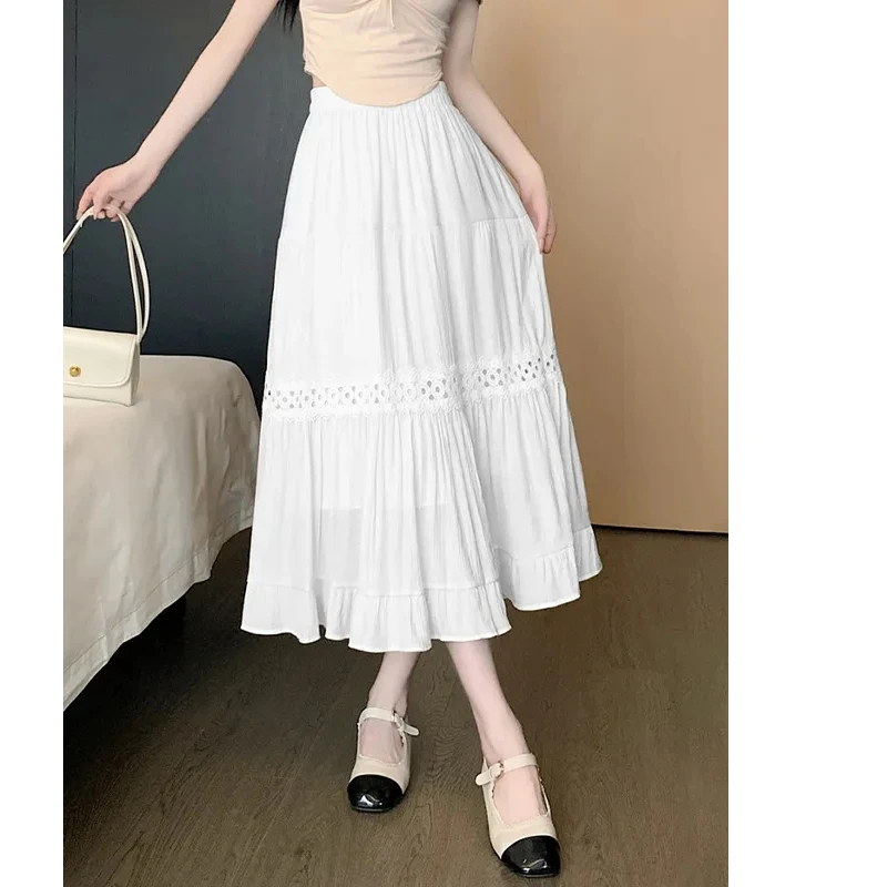 Elegant Light Beige High Waist A-Line Skirt Women's Design Lace  Draping Cake Skirt Slimming Midi Length Half Body Skirt