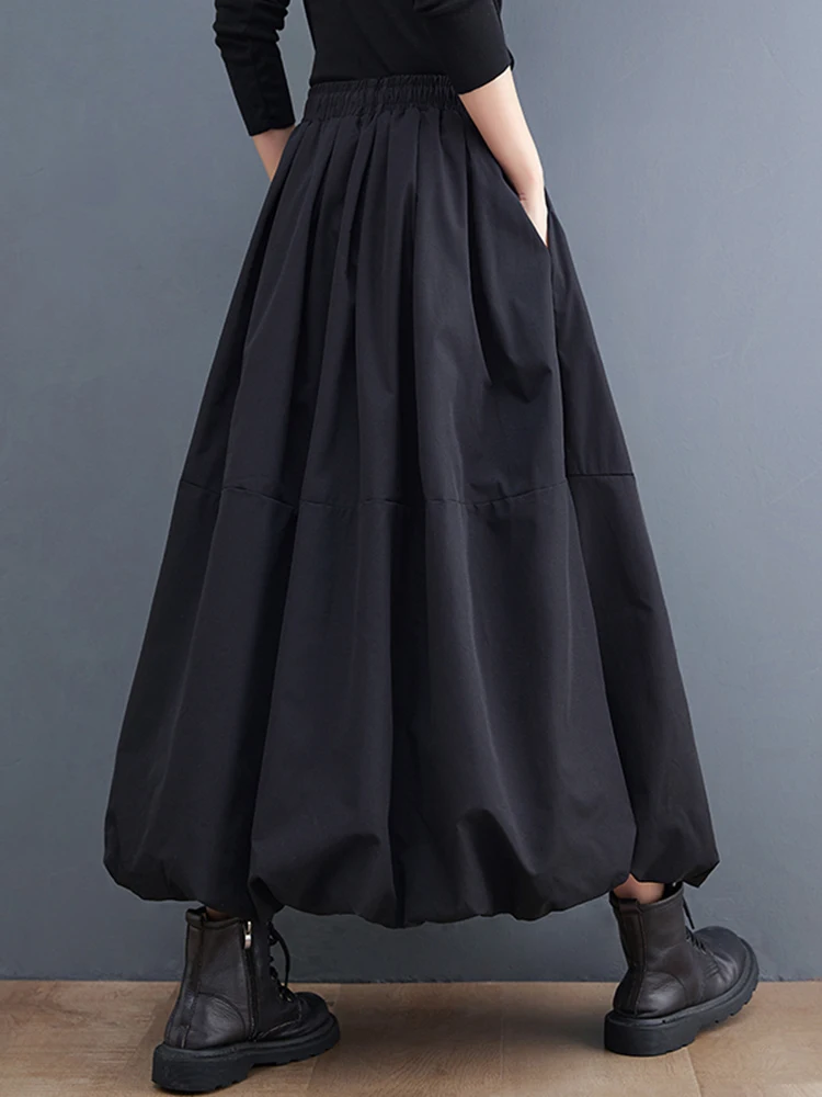 Black Vintage High Waist Puffy Women's Skirt Plus Size Fashion Drawstring Loose Casual Long Skirts Clothes Spring Autumn 2025