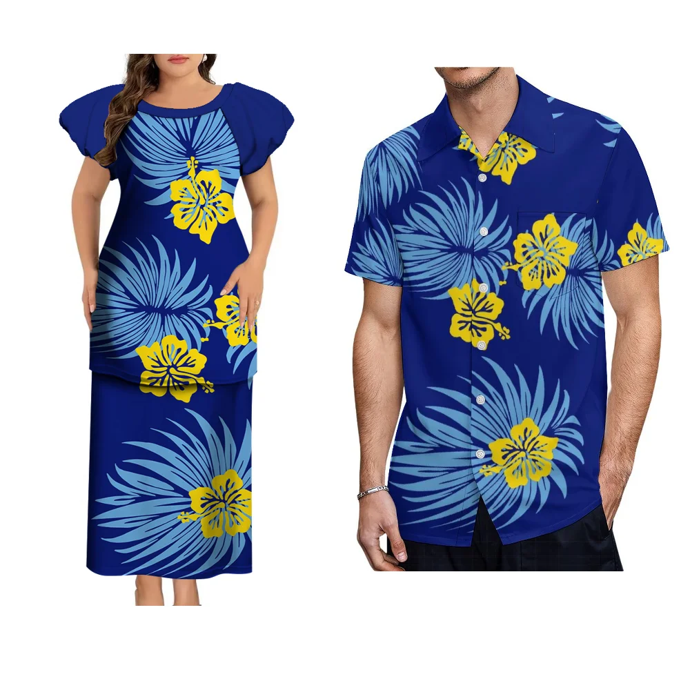 Hot New Design Puletasi Fluffy Sleeved Maxi Dress Custom High Quality Polynesian Print Design Couple Wear Men'S Casual Shirt