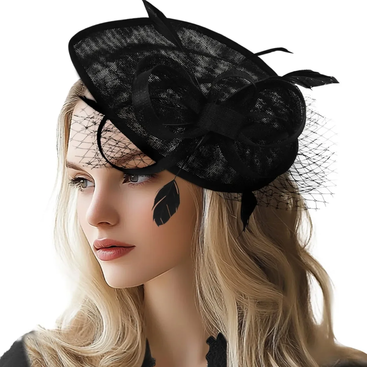 Fashion Women Flower Bonnet Feather Turban Muslim Hijab Retro Mesh Wedding Party Headwear Elegant Head Wrap Headscarf Cap Hat
