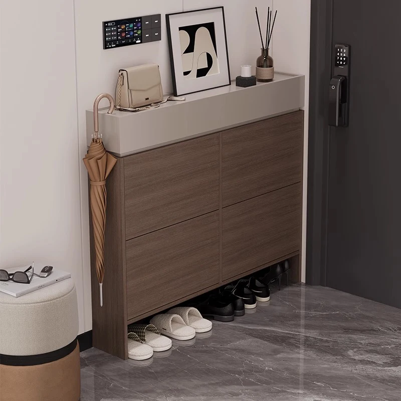 Solid wood tipping bucket ultrasonic wave shoe cabinet Italian simple household entrance ultra-narrow entrance