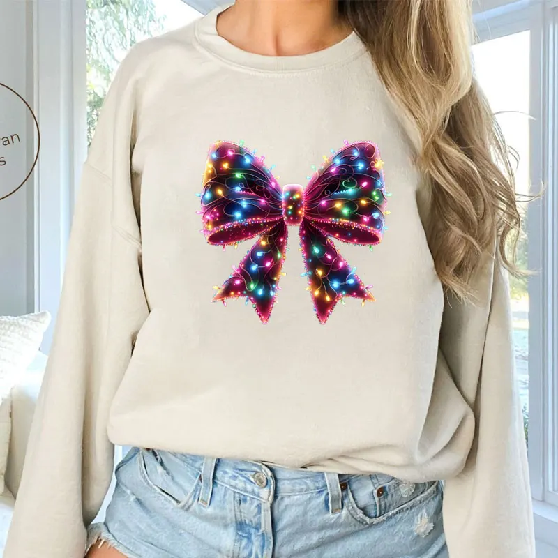 Christmas Lights Coquette Bow Print Sweatshirt Long Sleeve Round Collar Casual Sweatshirts Autumn Spring Oversized Women\'s Wear