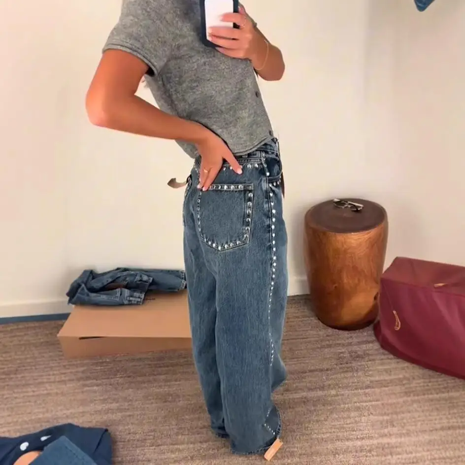 

Повседневные джинсы с высокой талией, прямые, с эффектом потертости, с декоративными элементами по бокам, длинные, в пол, синие, хлопковые, для девочек-подростков