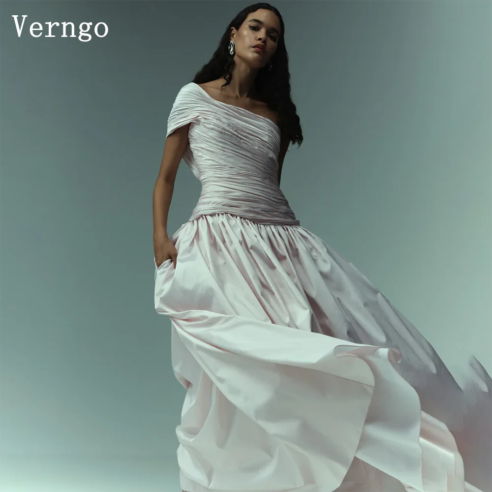 

Verngo Simple Light Pink Taffta Evening Dress One Shoulder A Line Pleat Prom Gowns Elegant Formal Occasion Dresses Customized