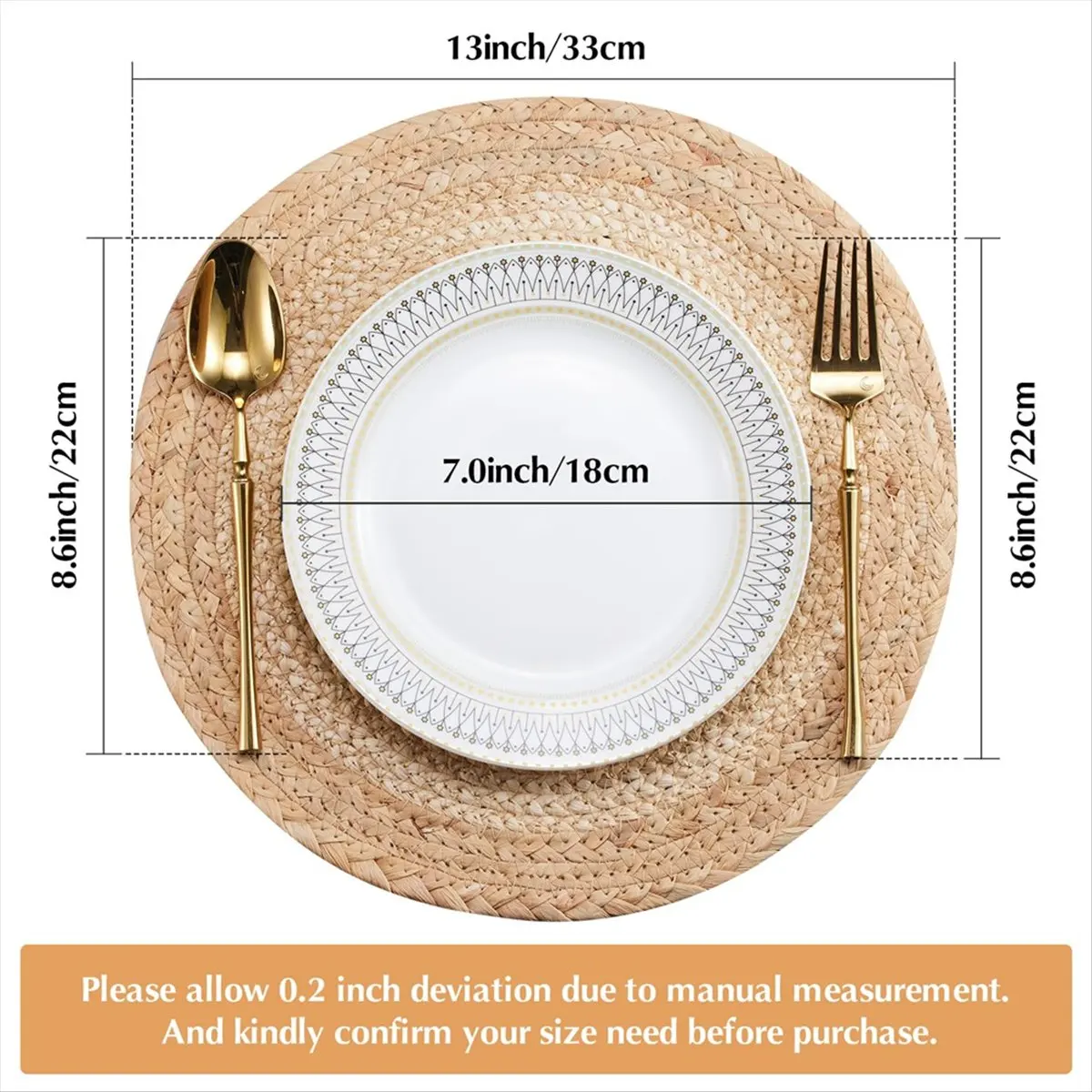 A38M Boho Placemats Set of 6 - Handmade Woven Placemat Water Hyacinth Mats, Round Placemat for Dining Table Kitchen 13 Inch