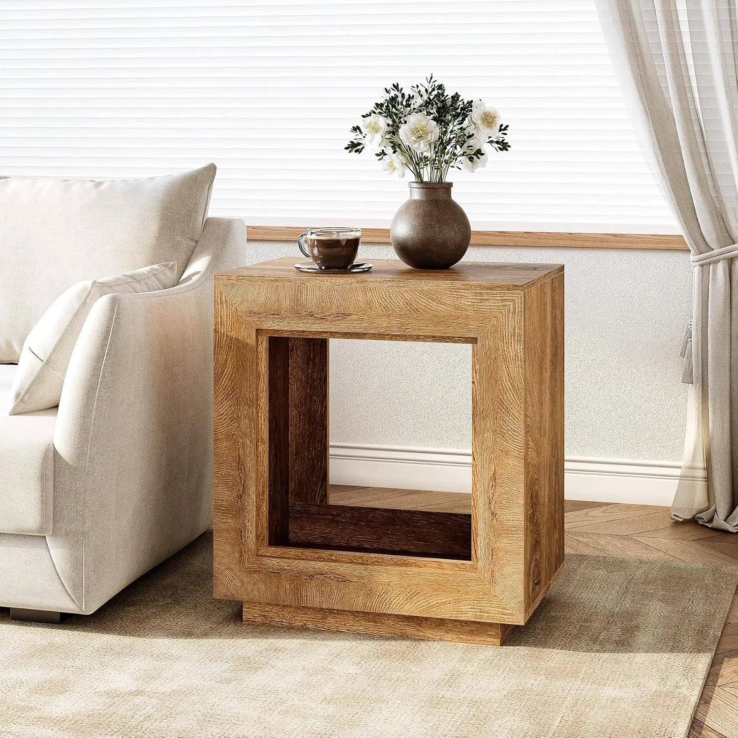 

LITTLE TREE End Table, Wooden Square Side Table, Farmhouse Sofa Side Tables for Living Room, 2-Tier Bedside Table for Bedroom