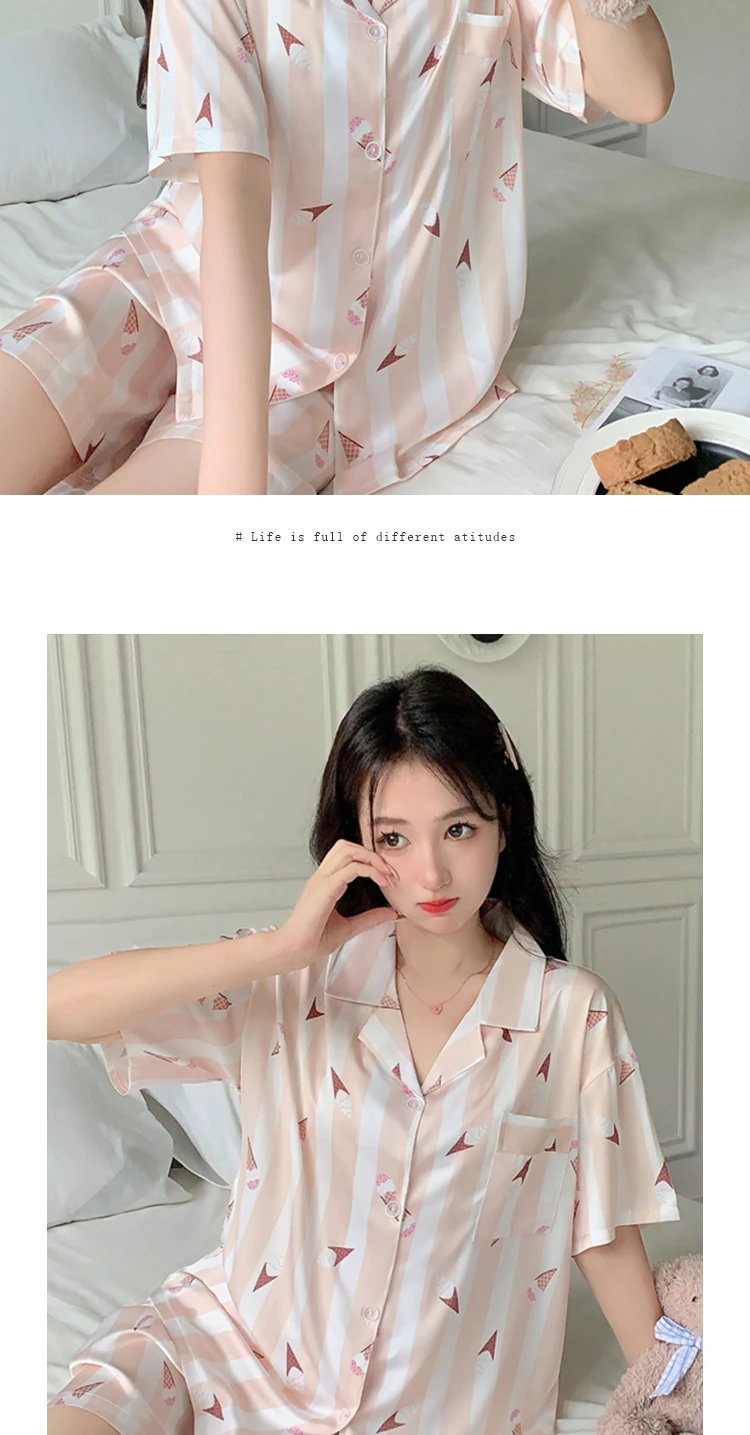 طقم بيجامات مكون من قطعتين للنساء من الحرير الصناعي والساتان ملابس نوم نسائية جديدة أنيقة بأكمام قصيرة بيجامة عصرية ملابس منزلية غير رسمية