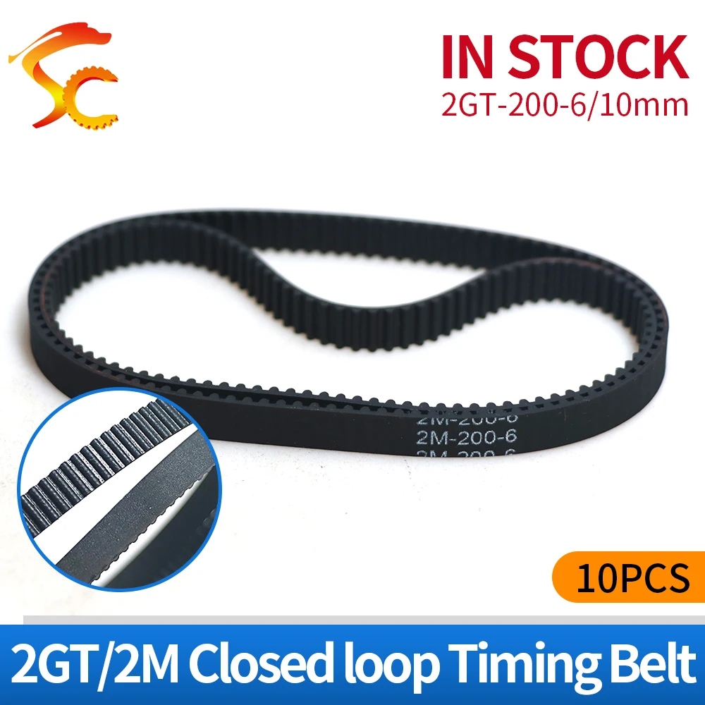 

10pcs 200 GT2 6 10 closed loop rubber 2GT timing belt 200-GT2-6 10 Length 200mm Teeth 100 width 6 10mm for 3D printer