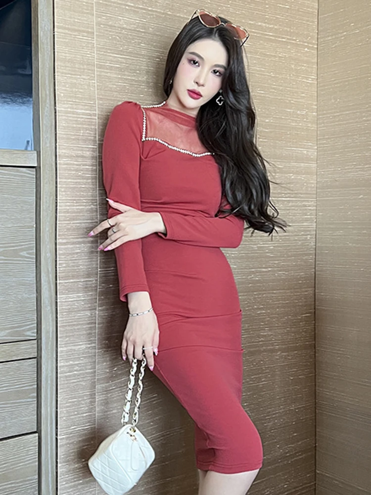 2023 elegante Temperament frauen Midi Kleider Sheer Mesh Diamanten Lange Sleeve Falten Dünne Robe Party Büro Vestidos Kleidung