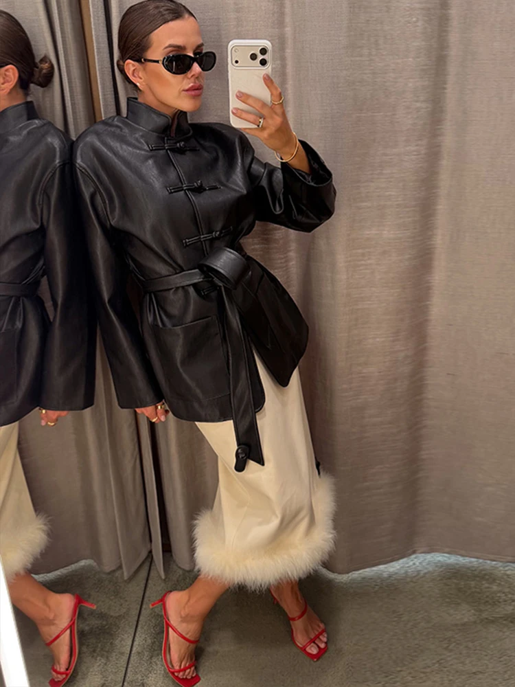 Damen Kunstlederjacken mit Stehkragen, Froschknöpfen und Gürtel, Streetwear, Langarm, Einreihig, Lockere Oberbekleidung – Detail 12