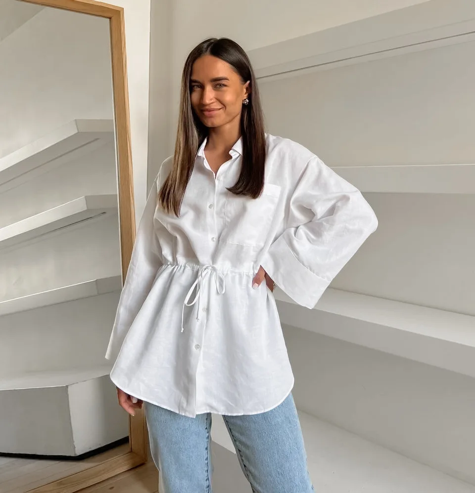 

Loose Bow Tie Sexy Blouse Women Summer Pocket Fashion Cotton Short Sleeve Loose Blouses Shirts Lady Casual Tops Streetwear 2025