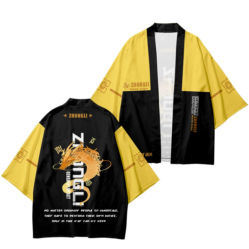 

Кимоно Zhongli Yukata Genshin Impact для мужчин и женщин, Свободный кардиган, хаори Оби, азиатская аниме одежда в стиле Харадзюку, японское кимоно