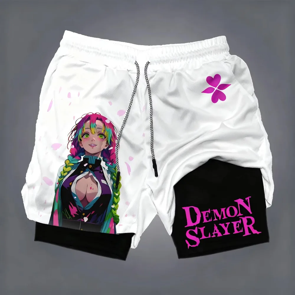 Demon Slayer Herren Doppelschicht-Shorts Mitsuri Kanroji Sommer japanische Anime gefälschte zweiteilige Sport-Fitness schnell trocknende Shorts