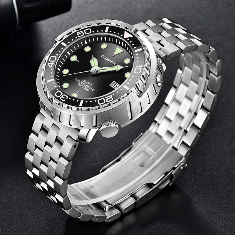 FOXBOXE Quartz Man Watch Casual Sport Waterproof Luminous Clock Stainless Steel Bezel Watches Male Auto Date Wristwatch with Box