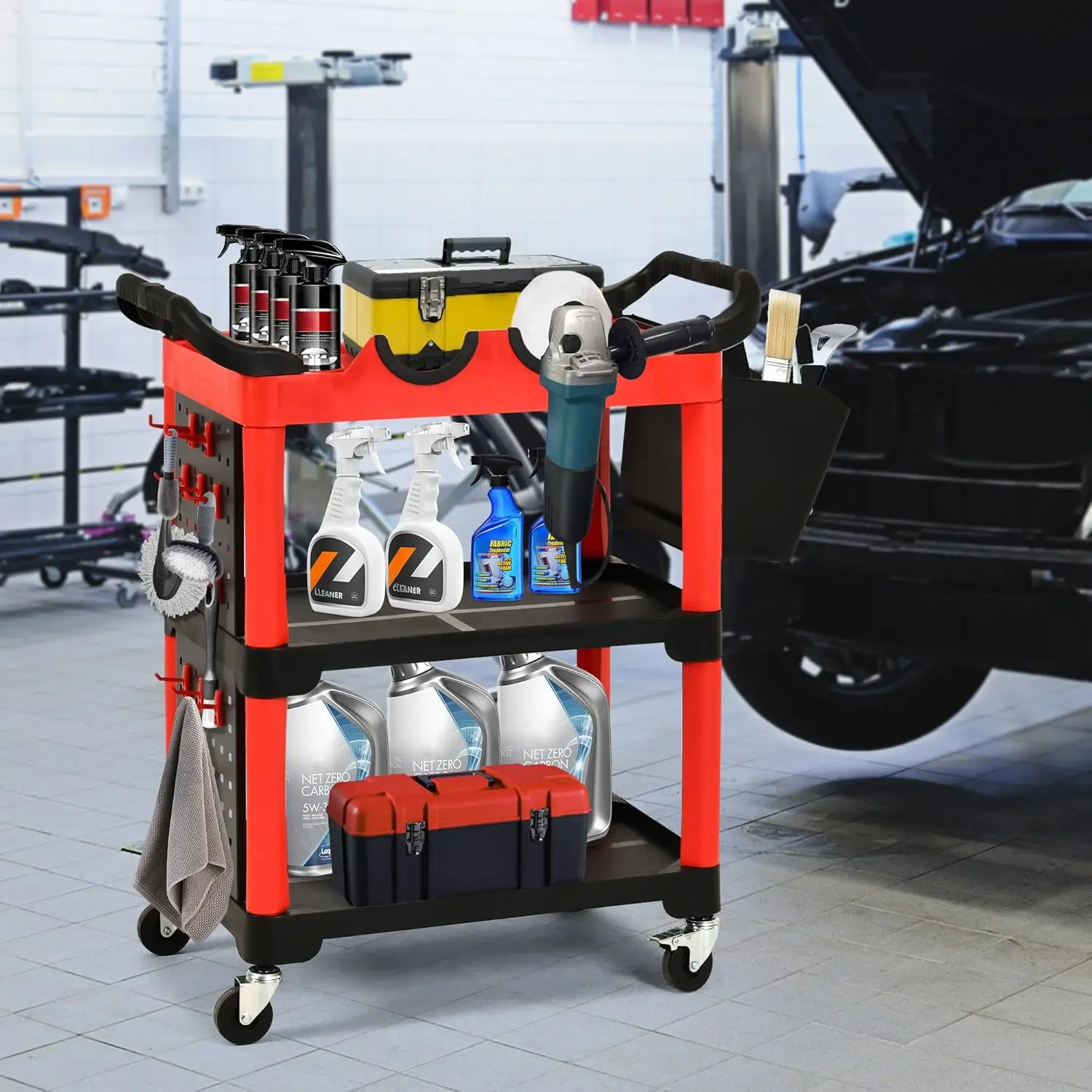 Auto Detailing Cart with Wheels, 3 Tier Rolling Detail Cart with 2 Polisher Brackets, Car Wash Organizer Cart with 2 Hanging Pla