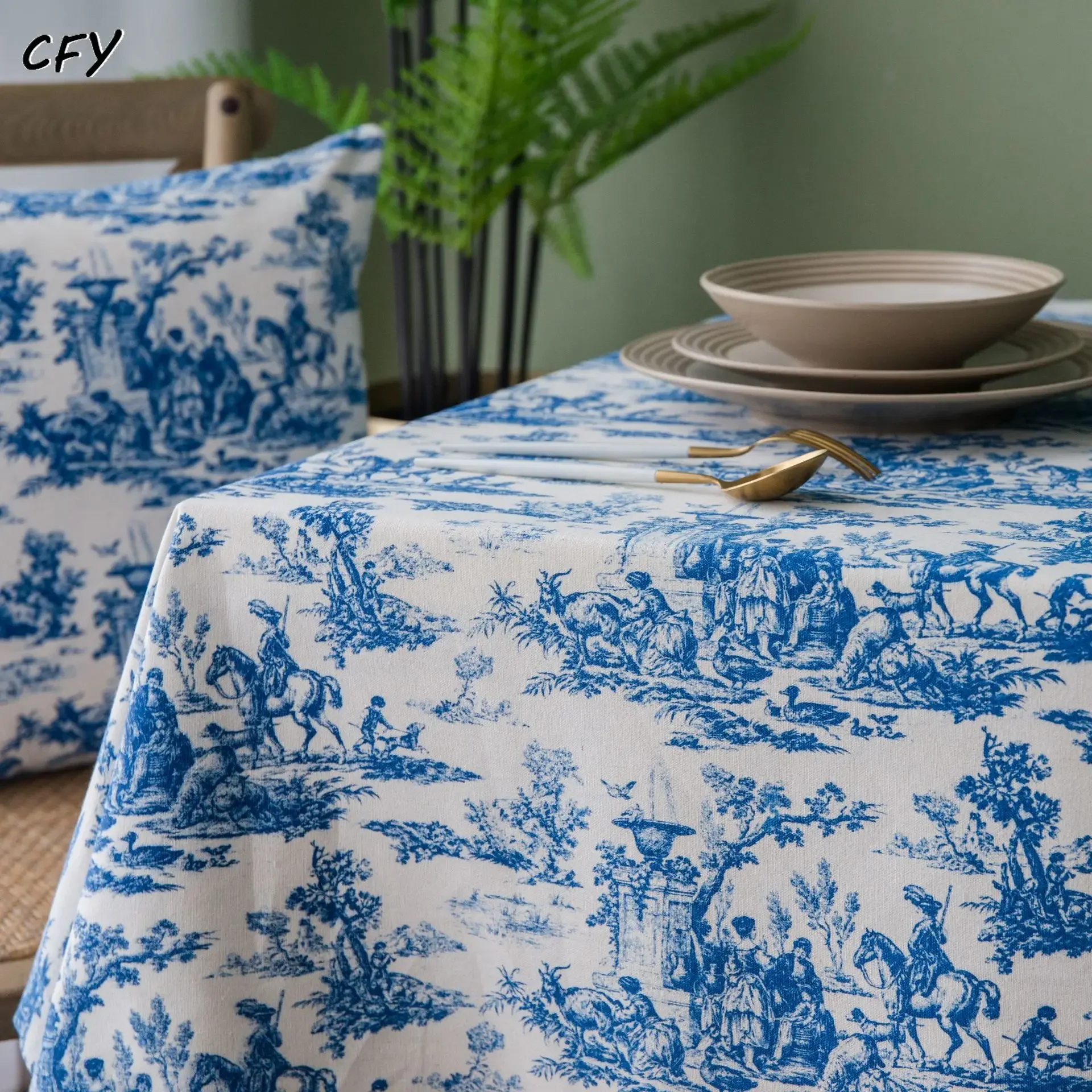 Cotton Linen Retro Blue Korean Print Ink Tablecloth Rectangular Table Cloth Kitchen Table Map Towel Tablecloth Room Decoration
