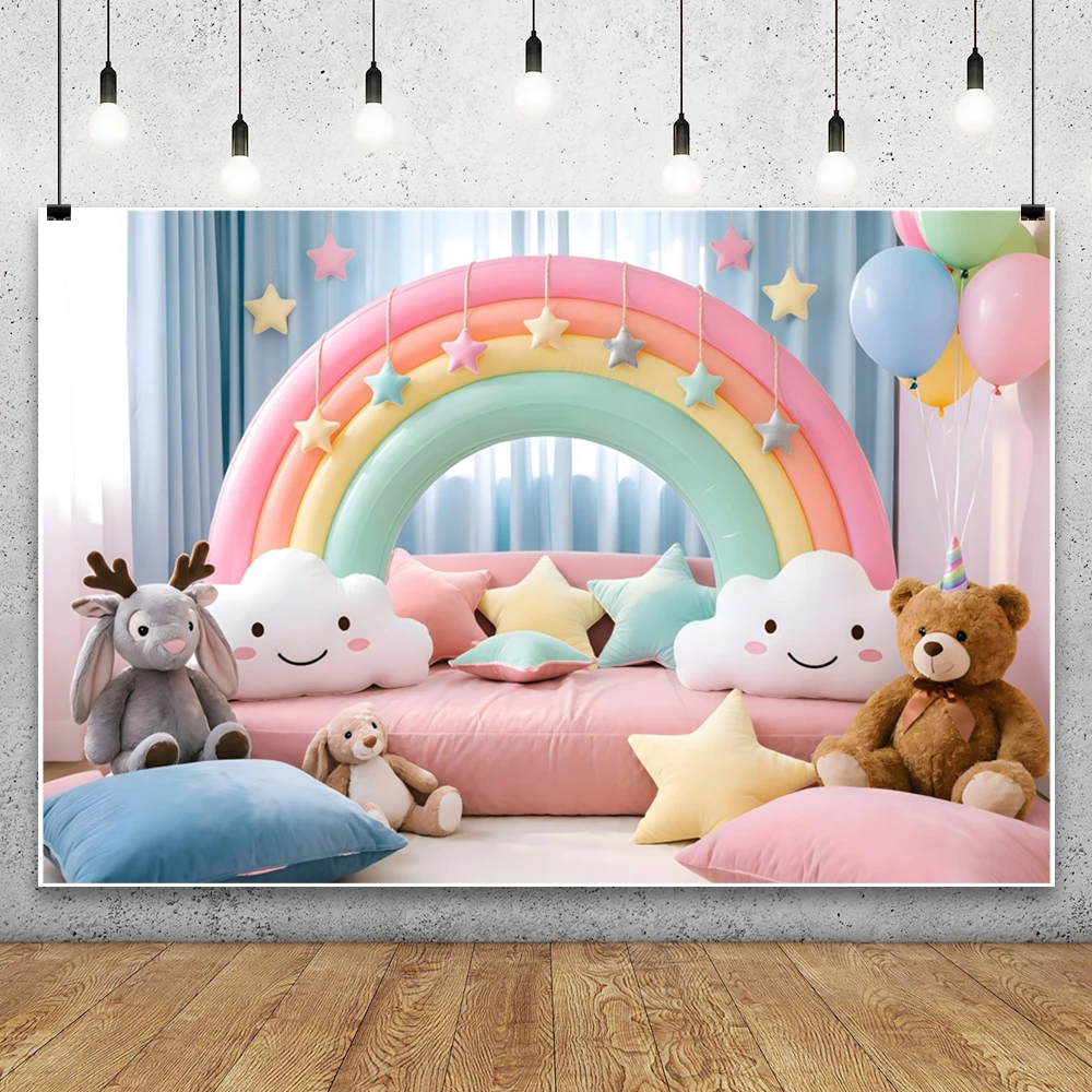 Stars Decor Rainbow Arch Photography Background Balloons Clouds Star Pillow Doll Baby Shower Kids Birthday Party Photo Backdrop