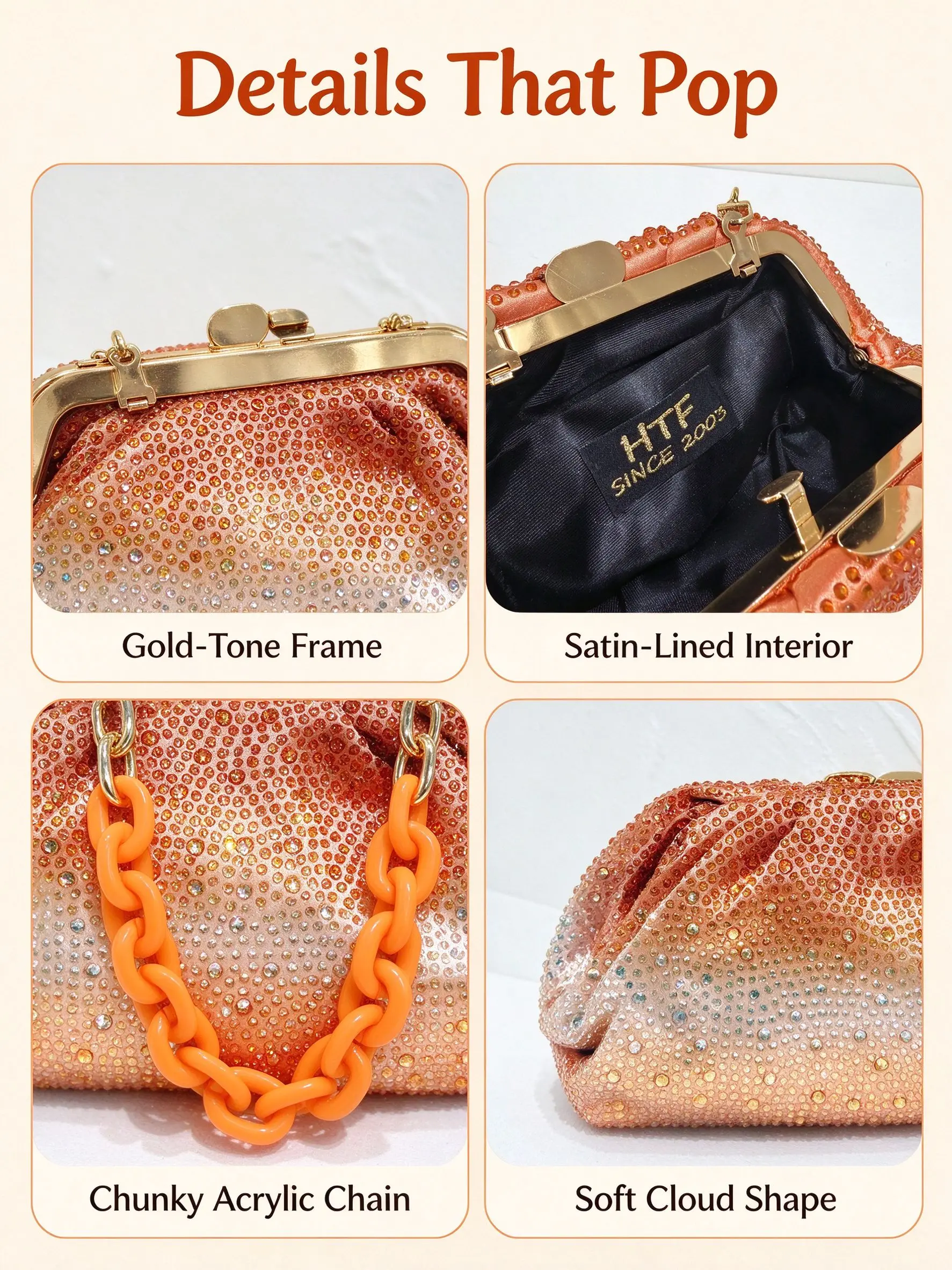 Bolso de mano con pedrería degradada para mujer, bolso de nube de cuero PU, bolso de fiesta de verano color mandarina con cadena gruesa de acrílico, bolso de mano para brunch y fiesta de graduación