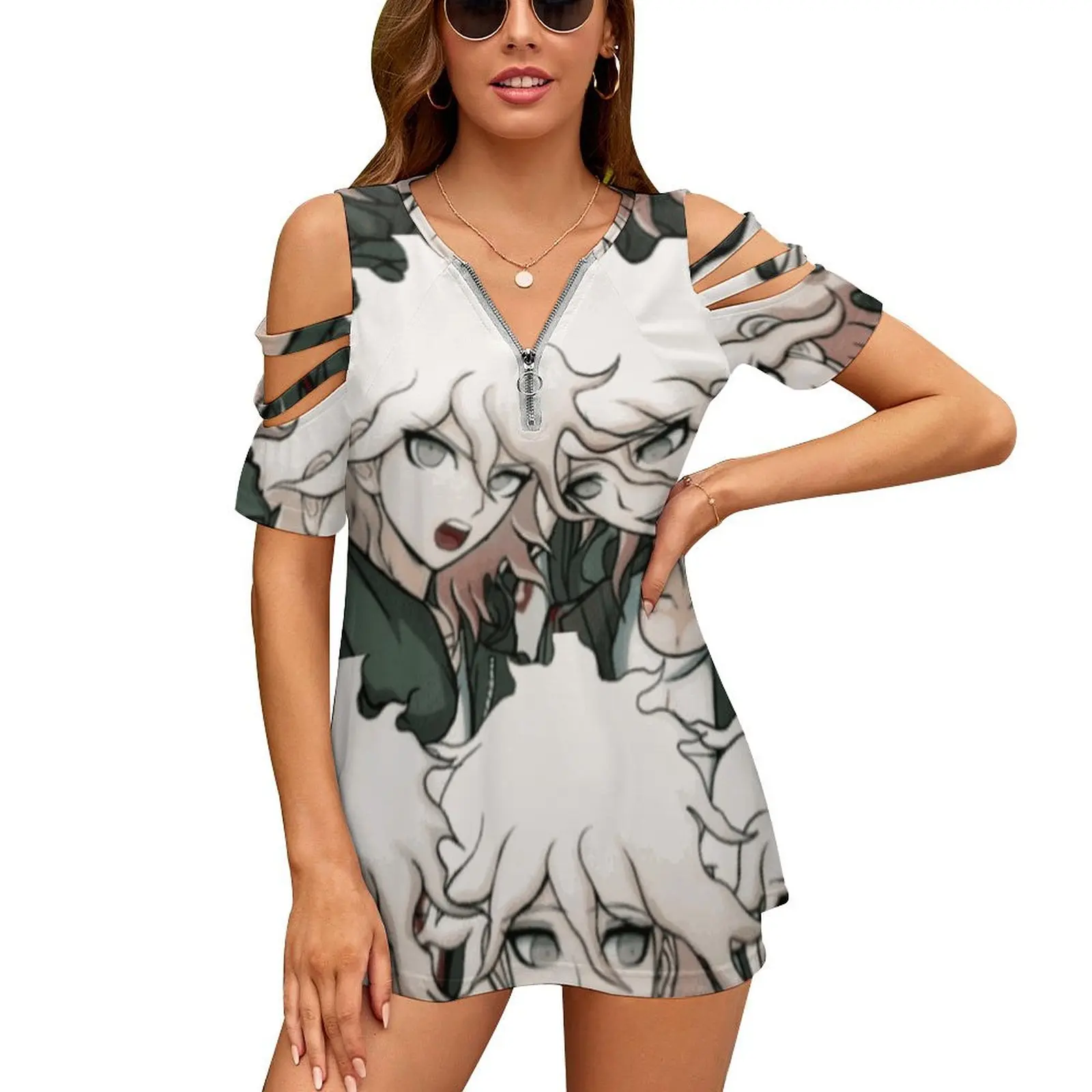 

Nagito Komaeda New Fashion Zip Off Shoulder Top Short-Sleeve Women Shirt Nagito Komaeda Lucky Student Ultimate Despair Class 77