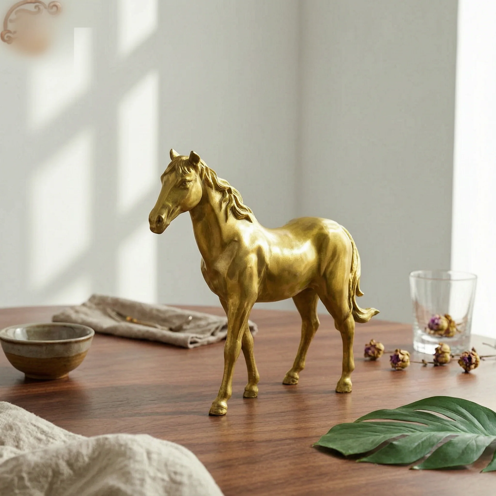 Brass Horse Figurine Polished Standing Horse Sculpture Home Decor Craft Piece Fade Resistant for Office Display