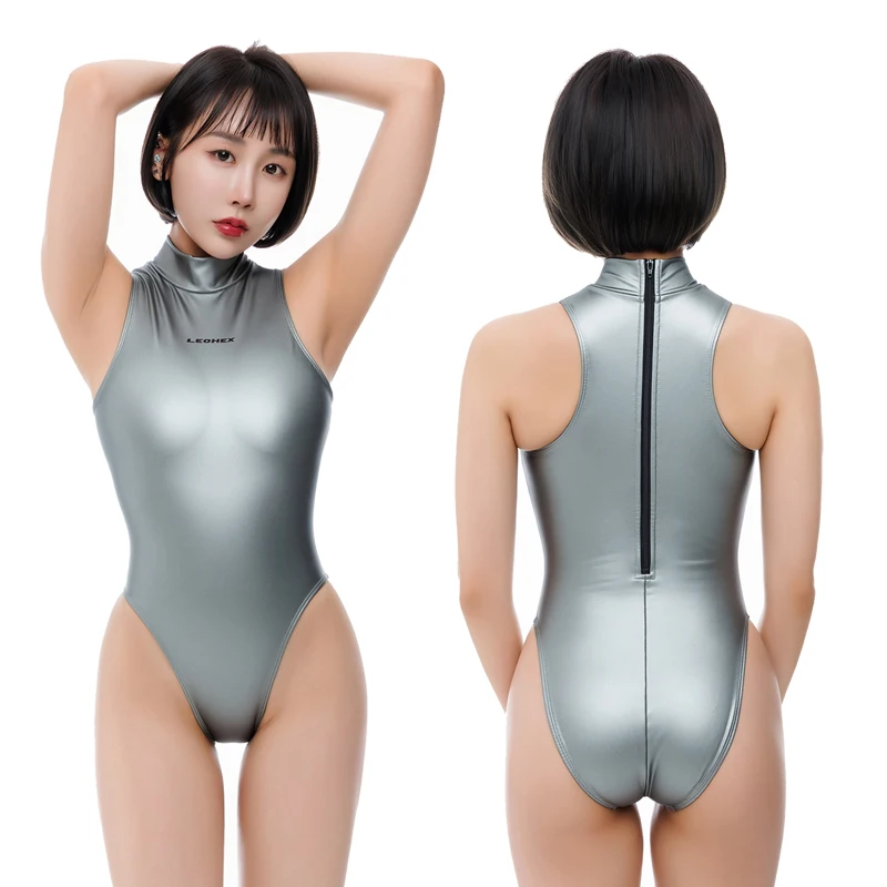 LEOHEX Women's Matte Finish Swimsuit High Neck Tight One-Piece Photography Glossy Coated Fabric Sexy Athletic Model Posing