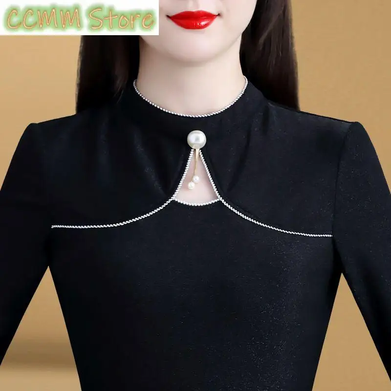 Elegant Clothing Black T-Shirts Autumn Half High Neck Long Sleeve Hollow Bottoming Vintage Fashion Temperament Slim Tops