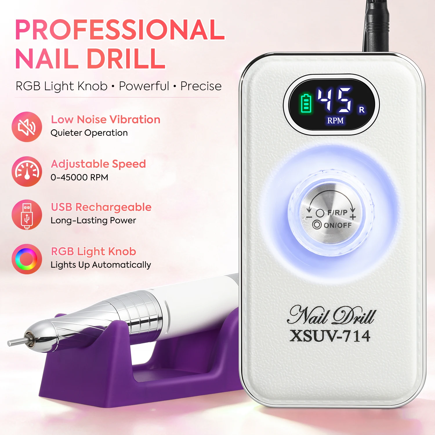 45000RPM Rechargeable Nail Drill Machine, Portable Electric Nail File with RGB Light, Low Vibration Manicure Tool