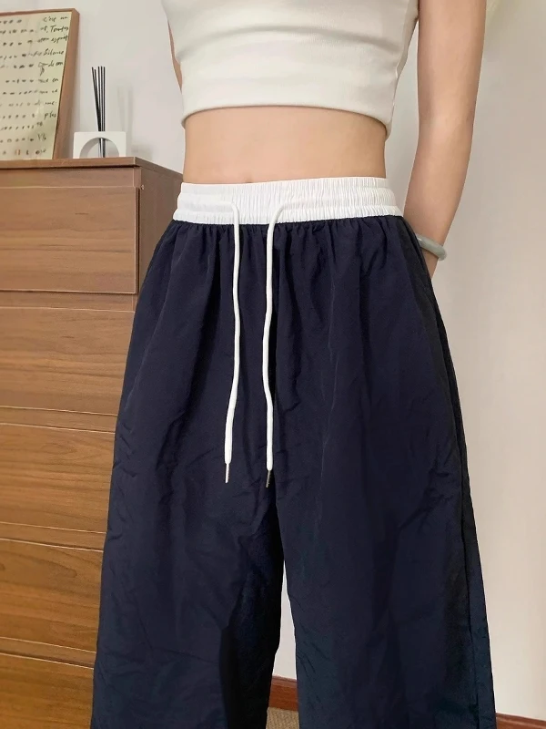 

High Waist Wide Leg Straight Cut Sports Pants for Women Casual Splicing Laid-Ba Sle Bla Korean Faion plus Size