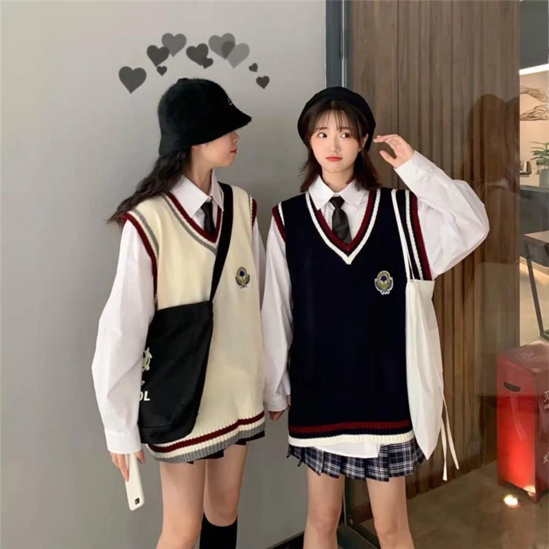 Japanse Preppy Stijl Pullover Trui Vrouwen Chique Harajuku Herfst Winter Nieuwe Koreaanse Mode Losse Eenvoudige V-Hals Navy Trui