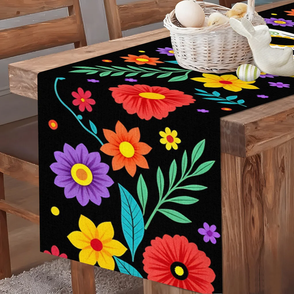 Bunter Blumen-Tischläufer mit Ringelblumen und Zuckerschädeln, Fiesta-Party-Dekoration, Mexikanischer Tag der Toten Tischläufer, Heimdekoration – Detail 5