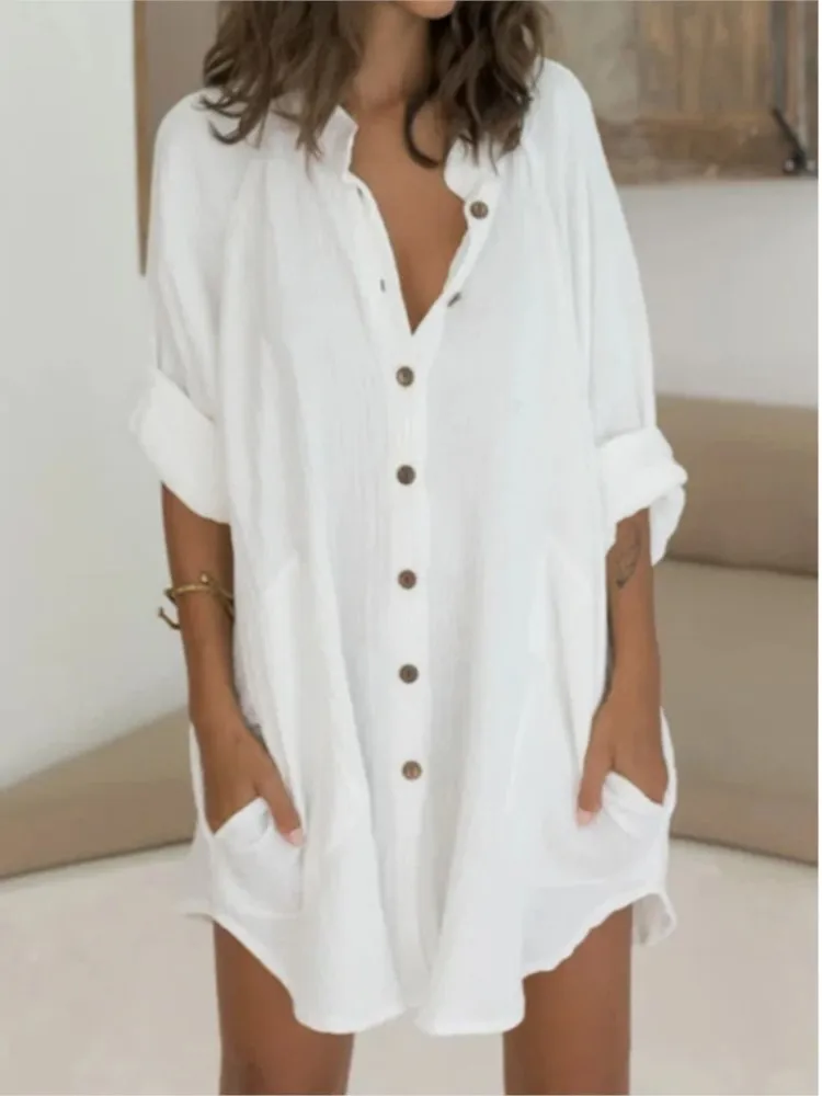 

Casual Solid Buttons Cotton Linen Shirts For Women Short Sleeve Lapel Cardigan Shirt Tops Female Summer Fashion Loose Ladies Top