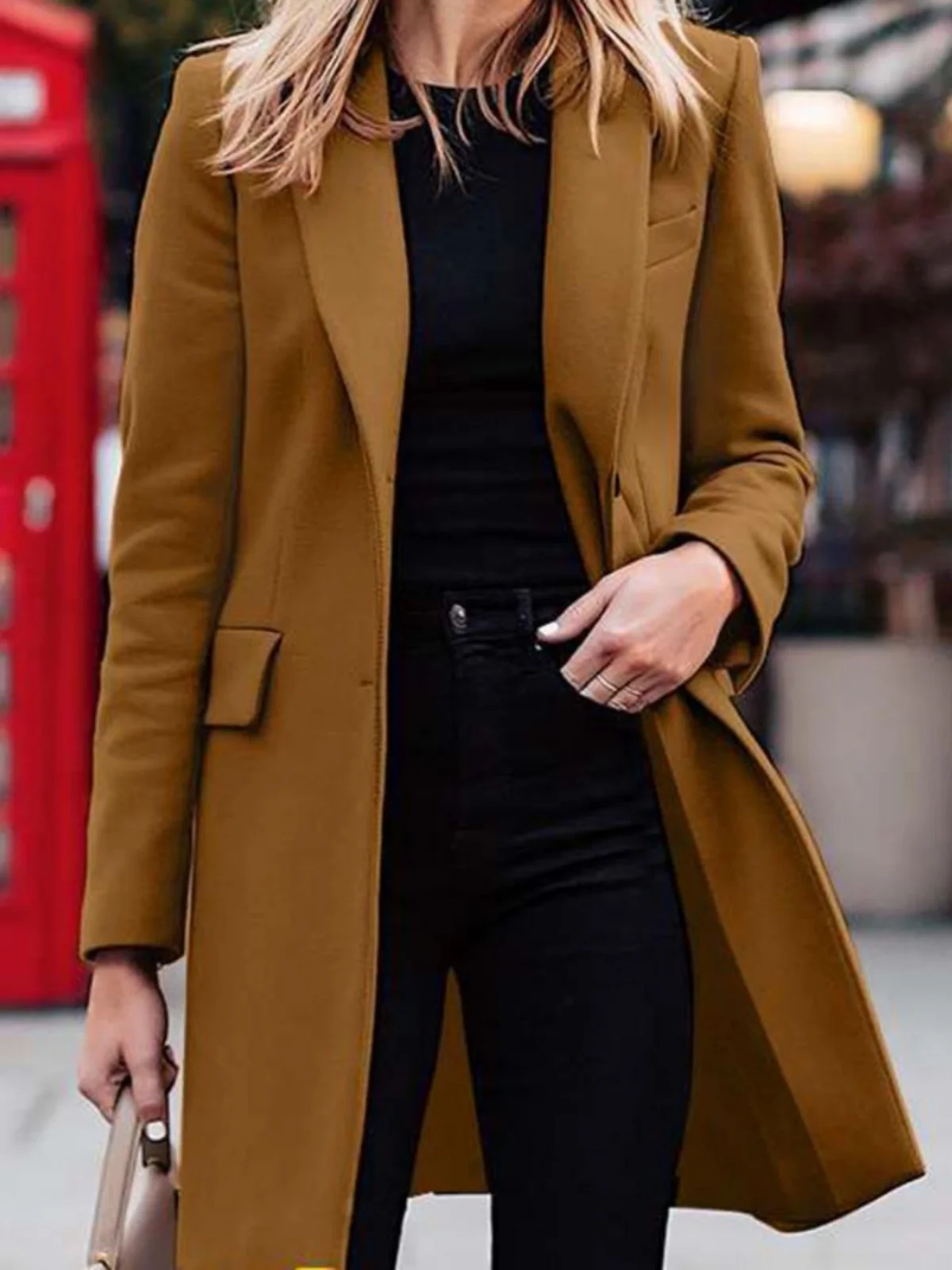 

Street Sle Pure Color Mid-Length Button-Up Suit Jaet Long Sve Loose Fit Women's Faion Outerwear Autumn Collection