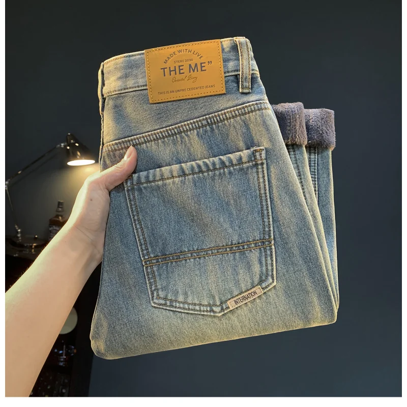 Men's Winter 2025 New Warm and Cold Resistant Light Blue Loose Pants with Plush Thickened Jeans