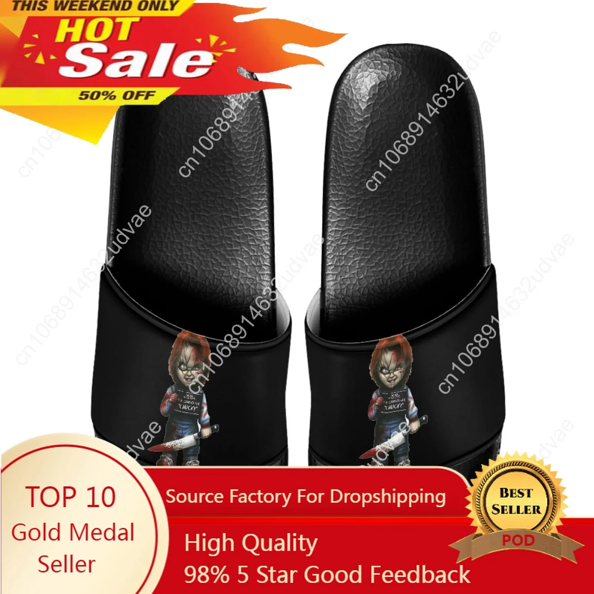 

Chucky Print Black Soft Sole Shower Slippers Scary Halloween Gift Fashion Summer Lightweight Sandals For Women Home Non-Slip