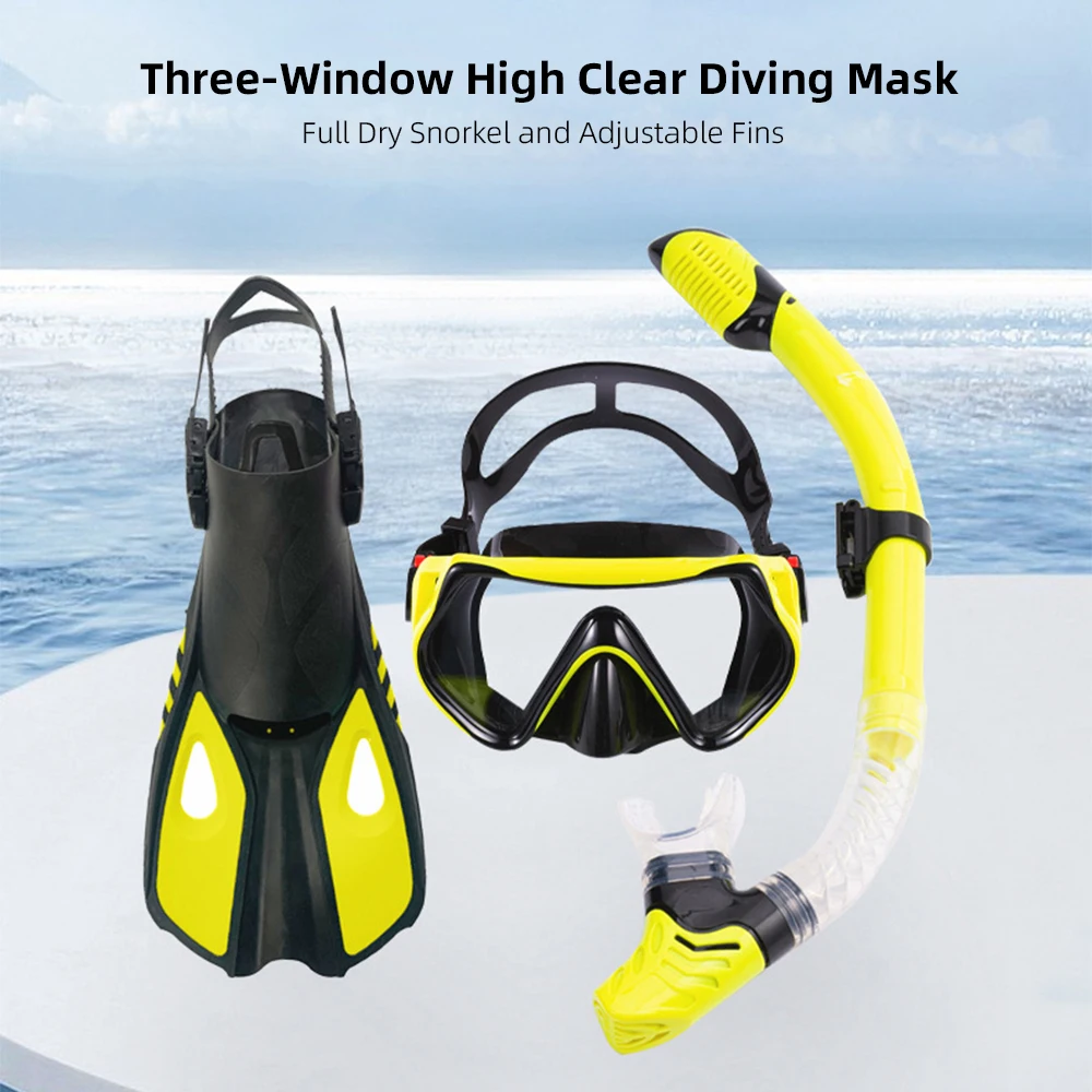 Diving Goggles Three-Window High Clear Diving Mask with Full Dry Snorkel and Adjustable Fins  for Men Women Diving Equipment