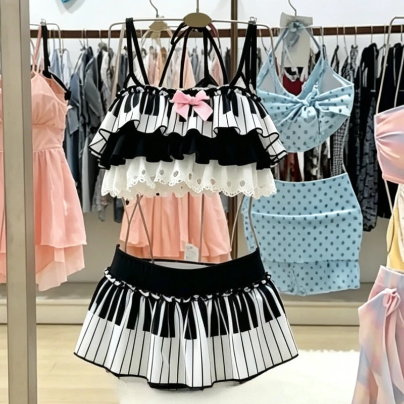 Women Kawaii Harajuku Two Piece Swimsuit Soft Ruffle Halter Printed Bikini Summer Beach Daily Vacation Swimwear Outfit