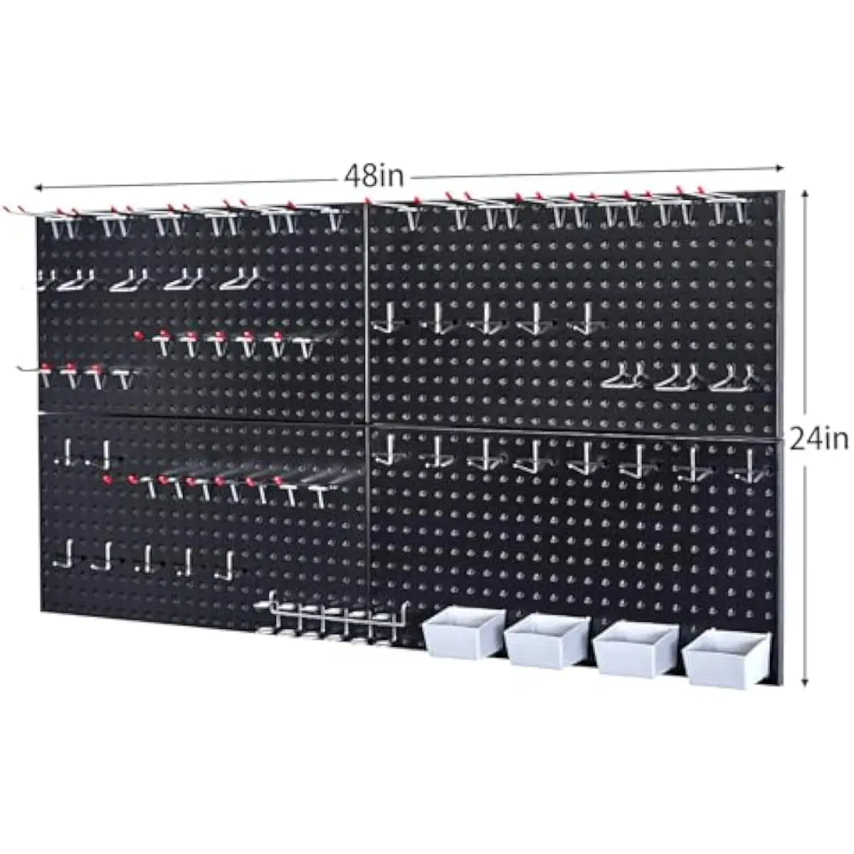 Black Powder-Coated Metal Pegboard 48x24 Inch Wall-Mount Utility Board with Assorted Hooks and Modular Bins for Tools Screws Nut