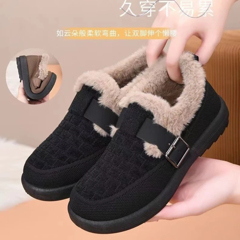 Women's Winter Cotton Shoes Thick Flat Bottom Slip-On Snowshoes Casual Shoes Comfortable Light Round Flat Mother Shoes Keep Warm