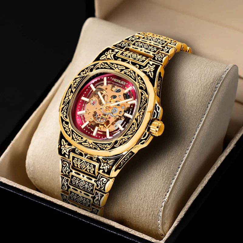 

Мужские желто-красные часы в стиле street ruffian, красивые, полностью автоматические, с резным узором и полым корпусом, механические.