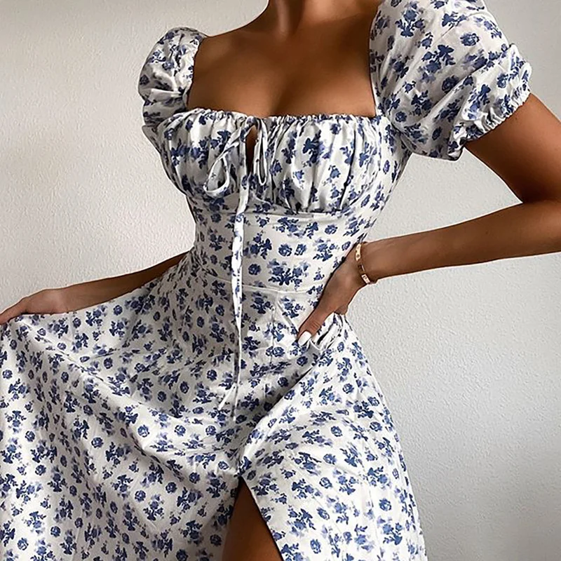 Robe longue d'été à imprimé floral pour femmes, style Boho, fendue, maxi, vintage, manches bouffantes, ligne A, bleu, robe d'été, nouvelle collection 2023