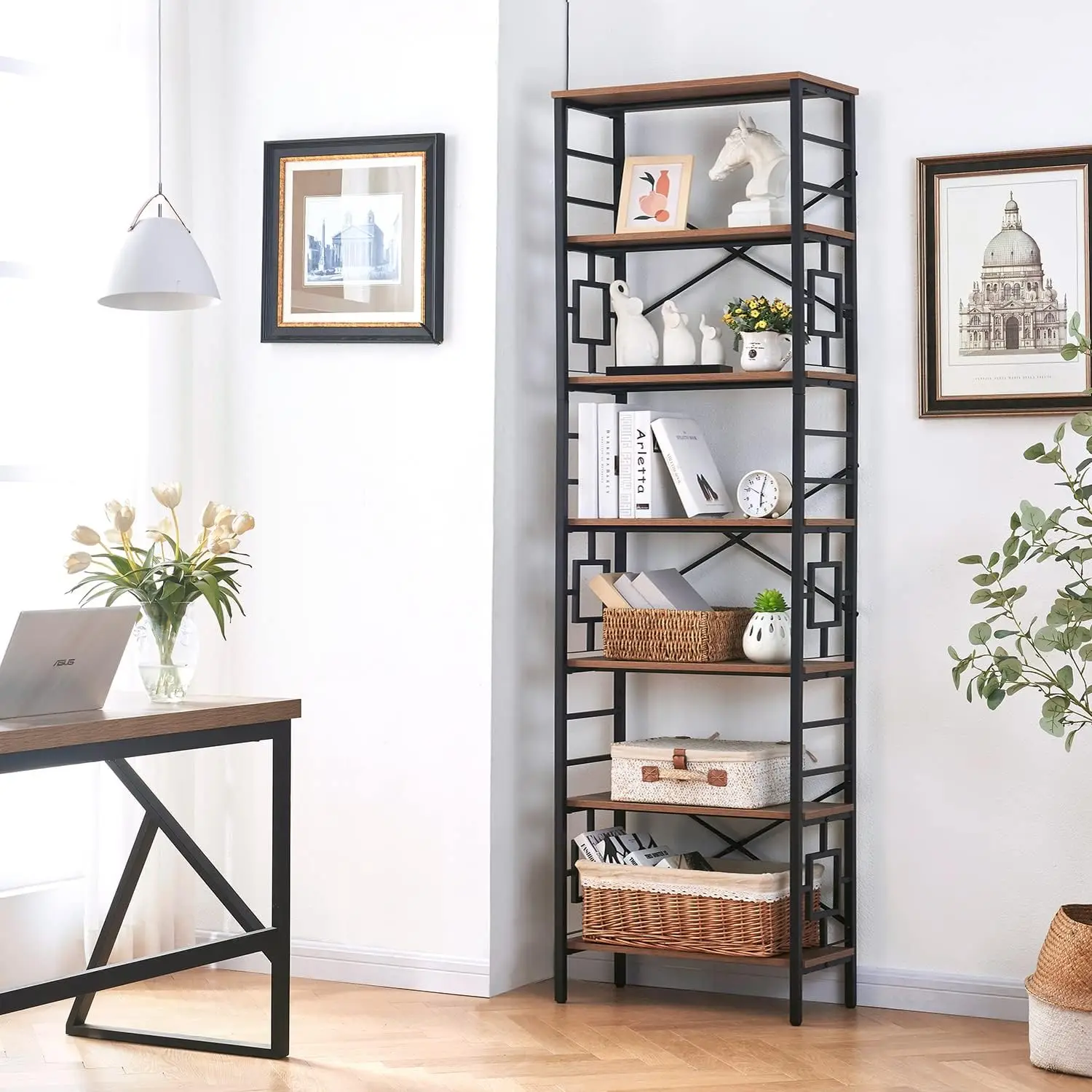 Tall Bookshelf, 84 Inch Industrial Bookshelf with Metal Frame and Open Shelves, 7 Tier Metal Bookshelves and Bookcases, Rustic T