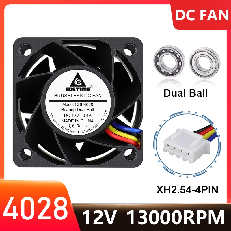 

Gdstime 40x40x28mm 4028 40mm 4cm DC 12V Cooler 4Pin PWM Dual Ball Cabinets 13000RPM High Rotational Speed Cooling Fan