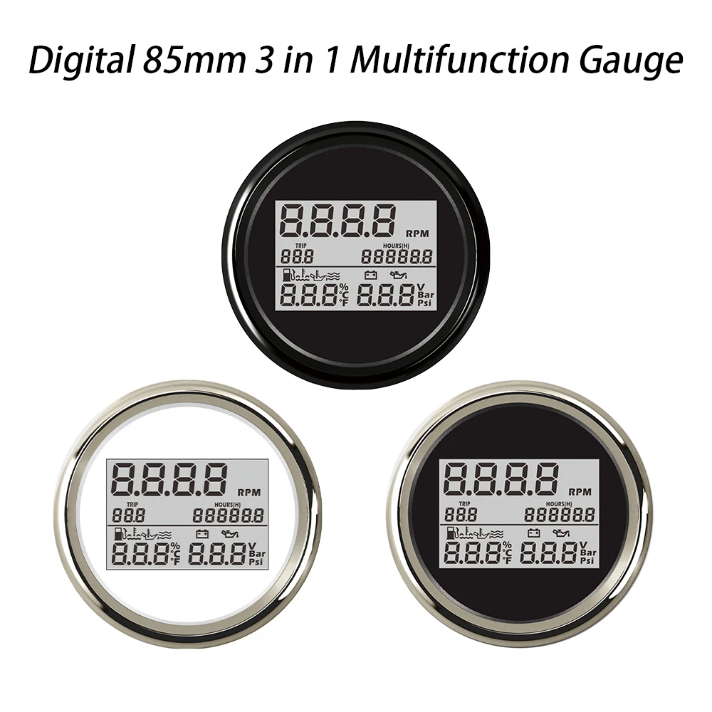 Popular Car HD 85mm 3 in 1 Multifunction 0-9999RPM Tachometer Gauge With 8 Colors Backlight for Van Truck Boat Motorcycle 9-32V