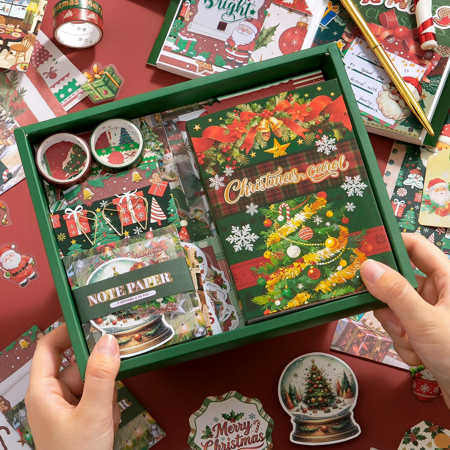 caixa-de-presente-de-papelaria-verde-com-tema-de-natal-papel-para-scrapbook-com-tema-de-arvore-de-natal-adesivos-e-kit-de-decoracao-para-diario-com-fita-washi