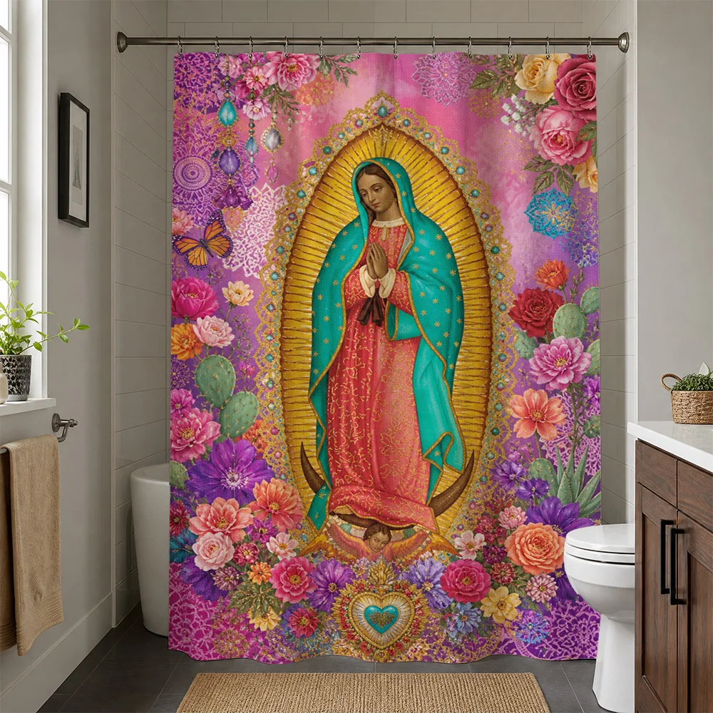 Waterproof Floral Religious Shower Curtain Liner Boho Art Mary Print Goddess Watercolor Bathroom Curtain Decoration
