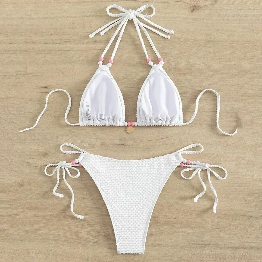 Sexy rosa micro perizoma bikini set perline string halter costumi da bagno donna mini costume da bagno costume da bagno bikini con lacci bikini a triangolo