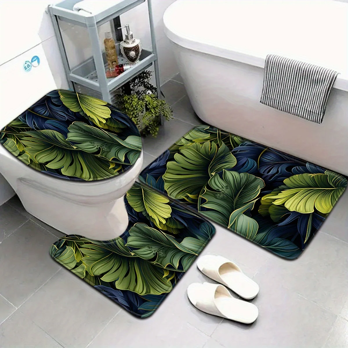 

3-piece set of plant series dark green and blue leaf pattern bathroom mat set toilet mat U-shaped foot mat suitable for bathroom