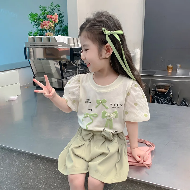 

Girls Summer Set 2024 New Fashionable Girl Baby Summer Clothing Children's Summer Short Sleeved Shorts Two Piece Set