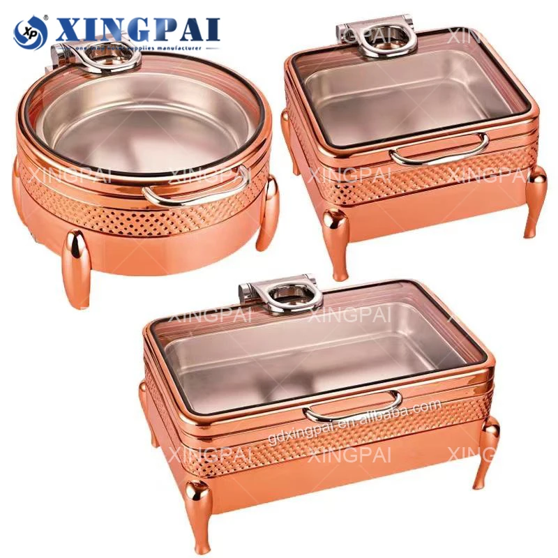 XINGPAI Catering Equipment Rose Gold Hydraulic Wedding Chafing Dishes Stainless Steel Food Warmer