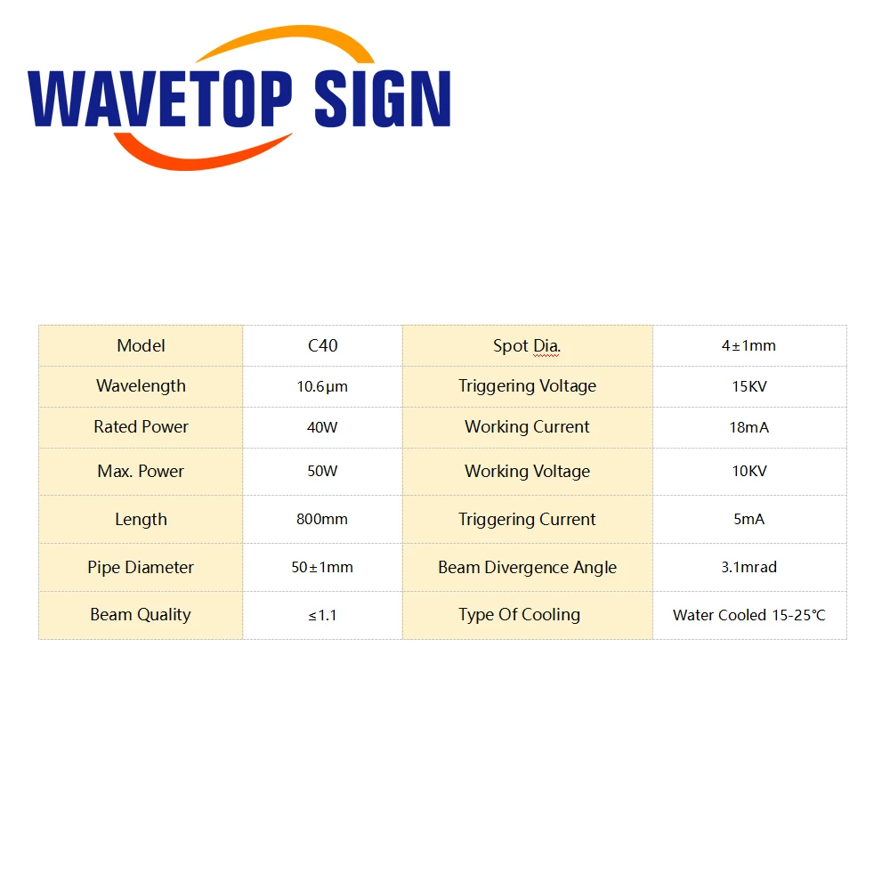 WaveTopSign Co2 Glass 40w Laser Tube 800mm Glass Laser Lamp for CO2 Laser Engraving Cutting Machine